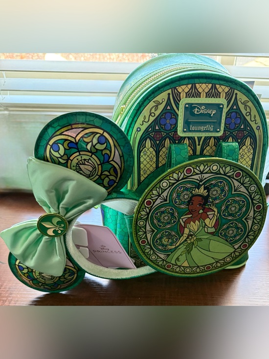 Loungefly Handbags - Loungefly Green Tiana Stained Glass Mini Backpack with Bow Ear Accessory *NWT